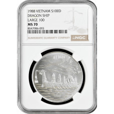 Vietnam 100 dong 1988, NGC MS70, "Asian Dragon Ship", LARGE "100" silver coin