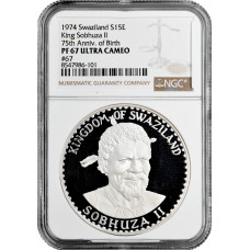 Swaziland 15 emalangeni 1974, NGC PF67 UC, "75th An. - Birth of King Sobhuza II" Top Pop