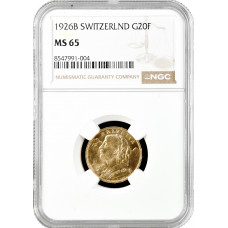 Schweiz 20 Franken 1926 B, NGC MS65, "Confoederatio Helvetica (1917 - 1967)" KEY DATE