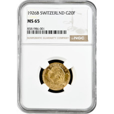 Schweiz 20 Franken 1926 B, NGC MS65, "Confoederatio Helvetica (1917 - 1967)" KEY DATE