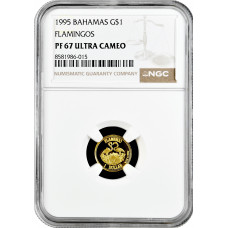 Bahamas 1 dollar 1995, NGC PF67 UC, "Flamingo" gold coin
