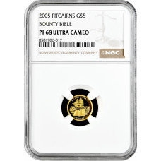 Pitcairn Inseln 5 Dollar 2005, NGC PF68 UC, "Bounty-Bibel" Goldmünze
