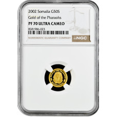 Somalia 50 shillings 2002, NGC PF70 UC, "Gold of the Pharaohs" Top Pop gold coin