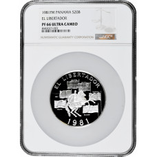 Panama 20 balboas 1981, NGC PF66 UC, "Simon Bolivar, the Liberator"