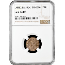 Tunisia 1/4 kharub AH 1281 (1864), NGC MS64 RB, "Beylik of Tunis (1862 - 1881)"