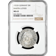 Germany - Third Reich 5 reichsmark 1933 D, NGC MS63, "450th An. - Martin Luther"