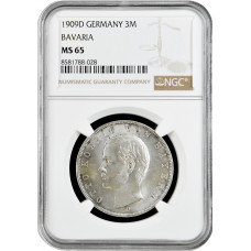 Bavaria 3 mark 1909 D, NGC MS65, "King Otto I (1886 - 1913)" silver coin
