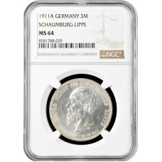 Шаумбург-Липпе 3 марки 1911 г. A, NGC MS64, "Князь Альбрехт Георг (1893 - 1911)"