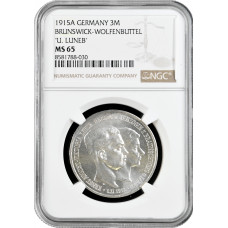 Brunswick-Wolfenbuttel 3 mark 1915, NGC MS65, "Ernst August Wedding & Accession"