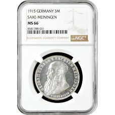 Saxe-Meiningen 3 mark 1915, NGC MS66, "Death of Georg II" silver coin