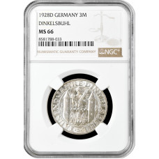 Weimar Republic 3 reichsmark 1928 D, NGC MS66, "1000th Anniv. of Dinkelsbühl"