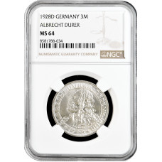 Weimar Republic 3 reichsmark 1928, NGC MS64, "400th An. Death of Albrecht Durer"