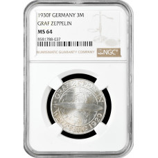 Weimar Republic 3 reichsmark 1930 F, NGC MS64, "Flight of the Graf Zeppelin"
