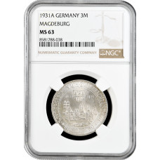 Weimar Republic 3 reichsmark 1931 A, NGC MS63, "Rebuilding of Magdeburg"