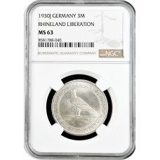 Weimar Republic 3 reichsmark 1930 J, NGC MS63, "Liberation of Rhineland"