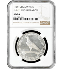 Weimarer Republik 5 Reichsmark 1930 J, NGC MS65, "Zur Rheinlandräumung"