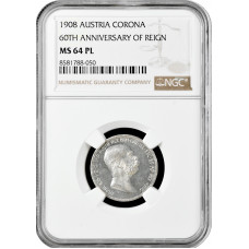Austria 1 corona 1908, NGC MS64 PL, "60th Anniversary of Reign" Pop 2/1