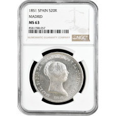 Spain 20 reales 1851, NGC MS63, "Queen Isabel II (1847 - 1864)" Madrid Pop 3/1