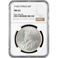 Cyprus 45 piastres 1928, NGC MS62, "50th Anniv. - English Cyprus" silver coin