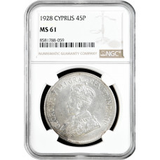 Cyprus 45 piastres 1928, NGC MS61, "50th Anniv. - English Cyprus" silver coin