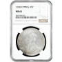 Cyprus 45 piastres 1928, NGC MS61, "50th Anniv. - English Cyprus" silver coin
