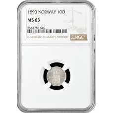 Norwegen 10 Öre 1890, NGC MS63, "König Oskar II (1874 - 1906)" Silbermünze