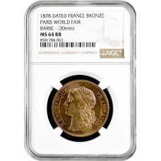 Франция бронзовая медаль 1878 г., NGC MS64 RB, "Парижская всемирная выставка"