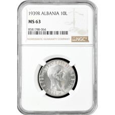 Албания 10 леков 1939 г. R, NGC MS63, "Итальянская оккупация (1939 - 1943)"