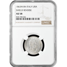 Italy 1 lira 1863 M, NGC AU58, "King Vittorio Emanuele II (1861 - 1878)"