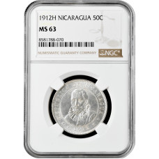 Nicaragua 50 Centavos 1912 H, NGC MS63, "Cordoba (1912 - 1990)" Silbermünze