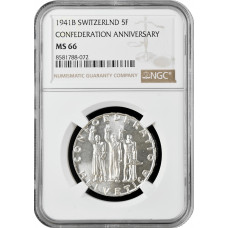 Швейцария 5 франков 1941 г. B, NGC MS66, "650 лет Швейцарской Конфедерации"