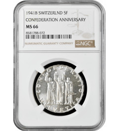 Switzerland 5 francs 1941 B, NGC MS66, "650th Anniversary - Swiss Confederation"