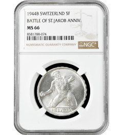 Switzerland 5 francs 1944 B, NGC MS66, "500th Anniversary - Battle of St. Jakob"