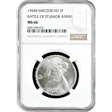 Швейцария 5 франков 1944 г. B, NGC MS66, "500 лет Битве у Сент-Якоба"