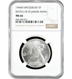 Switzerland 5 francs 1944 B, NGC MS66, "500th Anniversary - Battle of St. Jakob"