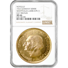 Westphalia 50 million Mark 1923, NGC MS66 NOTGELT, "Freiherr vom Stein"