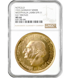 Westphalia 50 million Mark 1923, NGC MS66 NOTGELT, "Freiherr vom Stein"