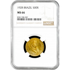 Бразилия 500 рейсов 1928 г., NGC MS66, "Первая Республика (1889 - 1942)"