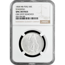 Перу 50 сентимо 1858 г., NGC UNC Det., "Республика Перу (1825 - 1862)"