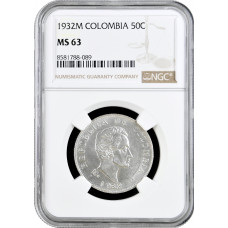 Колумбия 50 сентаво 1932 г. M, NGC MS63, "Республика Колумбия (1911 - 1989)"