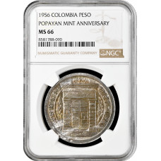 Колумбия 1 песо 1956 г., NGC MS66, "200 лет монетного двору города Попаян"