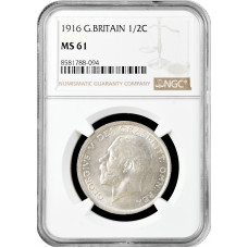 Great Britain 1/2 crown 1916, NGC MS61, "King George V (1910 - 1936)" silver