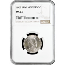 Luxembourg 5 francs 1962, NGC MS66, "Duchess Charlotte (1918-1964)" Top Pop 1/0