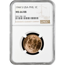 Филиппины 1 сентаво 1944 г. S, NGC MS66 RB, "Администрация США (1903 - 1945)"