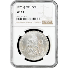 Перу 1 соль 1870 г. YJ, NGC MS63, "Республика Перу (1863 - 1917)"