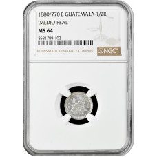 Гватемала 1/2 реала 1880/770 г. E, NGC MS64 "MEDIO REAL", "Реал (1838 - 1912)"