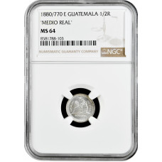 Гватемала 1/2 реала 1880/770 г. E, NGC MS64 "MEDIO REAL", "Реал (1838 - 1912)"
