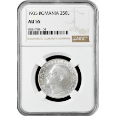 Romania 250 lei 1935, NGC AU55, "King Carol II (1930 - 1940)" silver coin