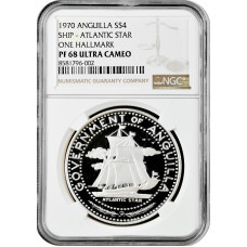 Anguilla 4 dollars 1970, NGC PF68 UC, "Ship - Atlantic Star One Hallmark"