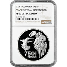 Kolumbien 750 Pesos 1978, NGC PF69 UC, "Naturschutz - Kolibri" Silbermünze